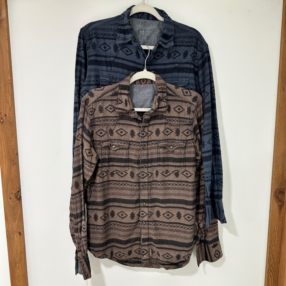 Wrangler Retro Premium Western Snap Shirt Lot 2 Southwestern Aztec Men L Cowboy